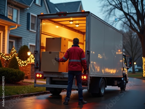 Delivery Driver Unloading Truck at Night in Neighborhood