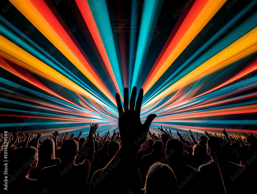 Vibrant concert crowd with hands raised and colorful laser lights, energetic music festival atmosphere Vibrant concert crowd with hands raised and colorful laser lights, energetic music festival atmosphere