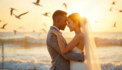 A newly married couple embraces on a beach at sunset. photo