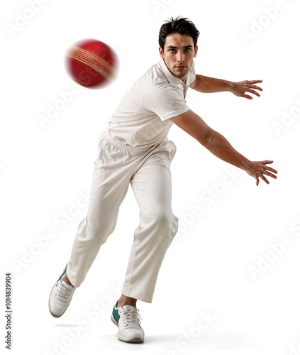 Cricket bowler throwing a cricket ball towards camera on isolated background photo