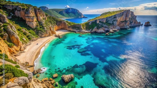 Fototapeta Naklejka Na Ścianę i Meble -  Aerial drone view of a beautiful sandy beach with turquoise water and rocky cliffs in Kal'e Moru, Geremeas