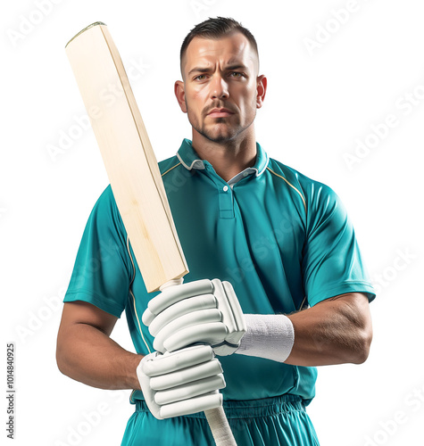 Tough muscular looking cricket player in blue uniform on isolated background photo