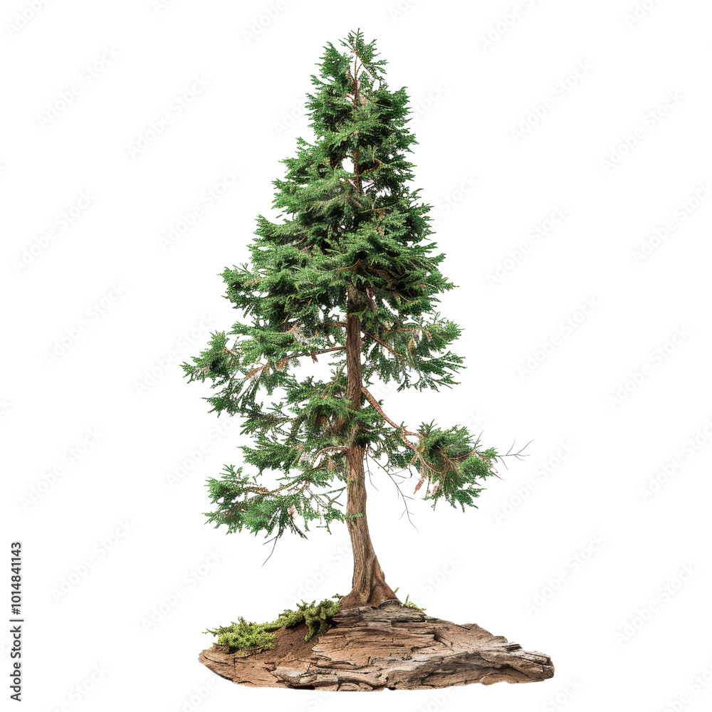 Realistic Evergreen Tree with Lush Foliage on Natural Base. Realistic Evergreen Tree with Lush Foliage on Natural Base.