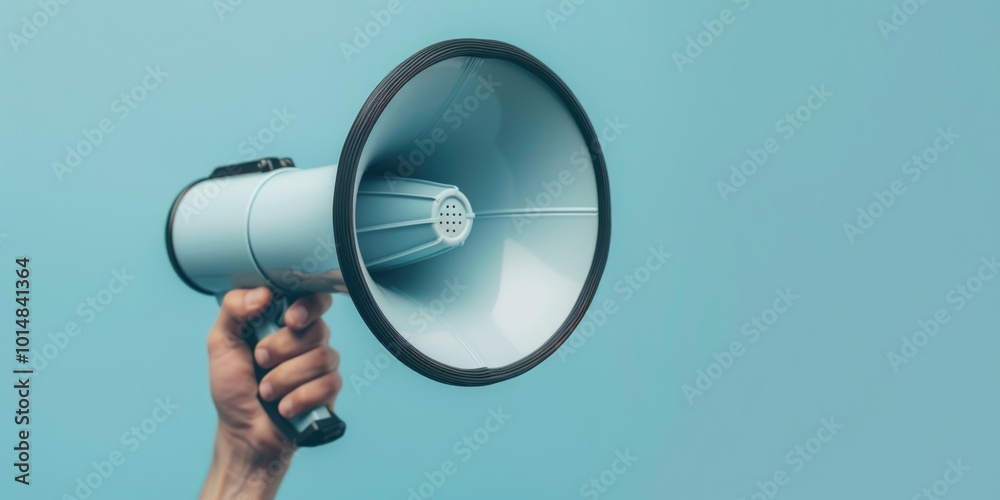 A person holds a megaphone against a bright blue background, ready to make a statement A person holds a megaphone against a bright blue background, ready to make a statement