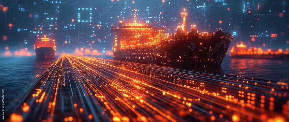 Fototapeta premium Futuristic Cargo Ship Sailing on a Digital Sea