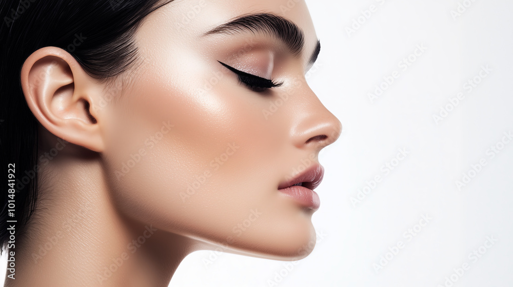 Elegant profile portrait of a woman with flawless skin and bold eyeliner, model showcasing minimalist beauty, skincare ad with copy space, face turned to the right on a white background Elegant profile portrait of a woman with flawless skin and bold eyeliner, model showcasing minimalist beauty, skincare ad with copy space, face turned to the right on a white background