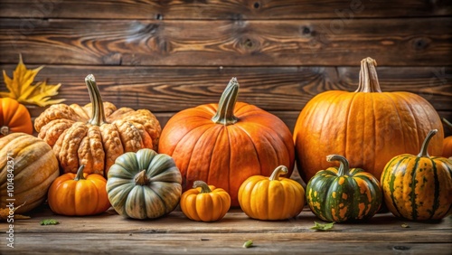 Various fresh ripe pumpkins as background, Thanksgiving, harvest, fall, autumn, vegetable, orange, organic, farm