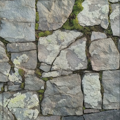 Detailed view of a textured stone wall covered with moss and lichen, showcasing natural elements in a serene environment. photo