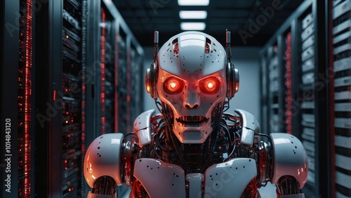 Evil robot with red glowing eyes is inside of data center. Postproducted generative