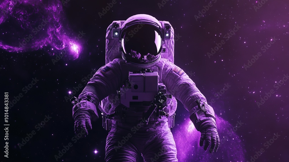 A simplistic astronaut floating gracefully through a galaxy surrounded by achromatic purple hues. The scene captures the essence of space exploration with stars twinkling in the background A simplistic astronaut floating gracefully through a galaxy surrounded by achromatic purple hues. The scene captures the essence of space exploration with stars twinkling in the background