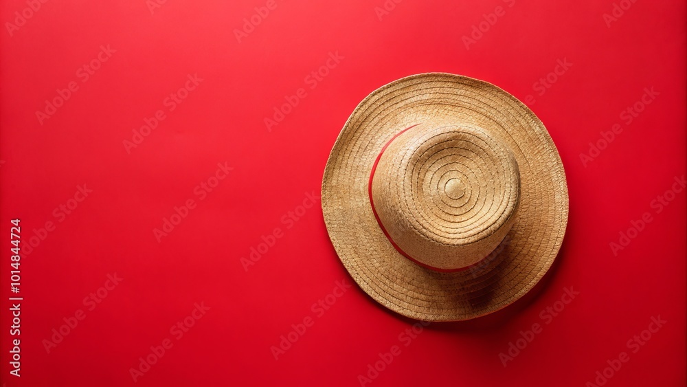 Minimalist Straw Hat on Red Pastel Background - Elegant Top View Composition for Summer Vibes and Creative Visuals Minimalist Straw Hat on Red Pastel Background - Elegant Top View Composition for Summer Vibes and Creative Visuals
