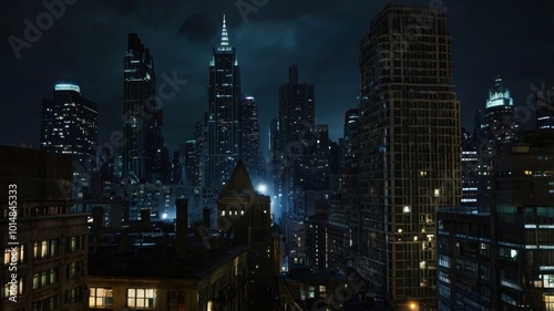 Somber dystopian gotham city at night