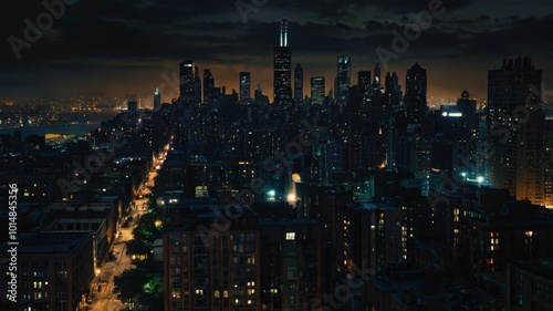 Somber dystopian gotham city at night photo