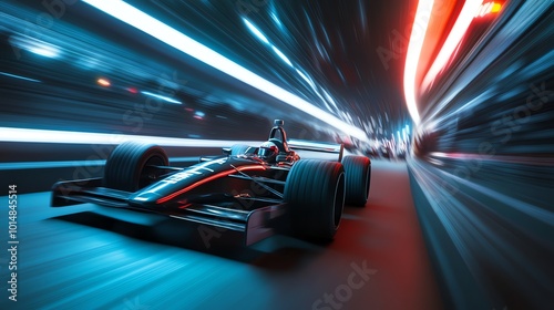 A race car speeds through a tunnel at night.