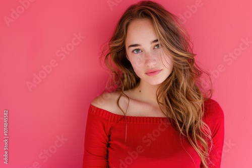 A woman wearing a bright red top poses for the camera