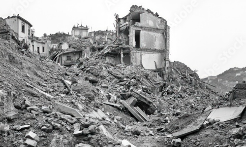 A hillside village destroyed by an earthquake or landslide, leaving behind a scene of devastation and rubble.