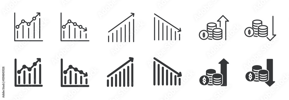 Increase and decrease line and glyph solid icons collection. Minimal icon and symbol series vector illustration Increase and decrease line and glyph solid icons collection. Minimal icon and symbol series vector illustration