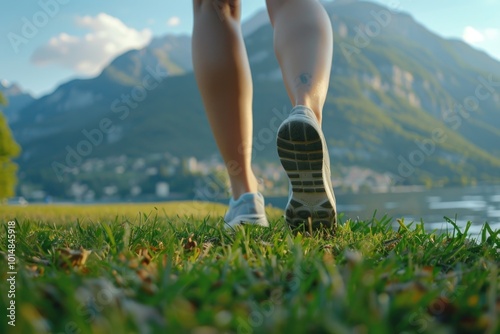 A person walking through a beautiful and serene green field, suitable for use in travel, nature or outdoor related projects