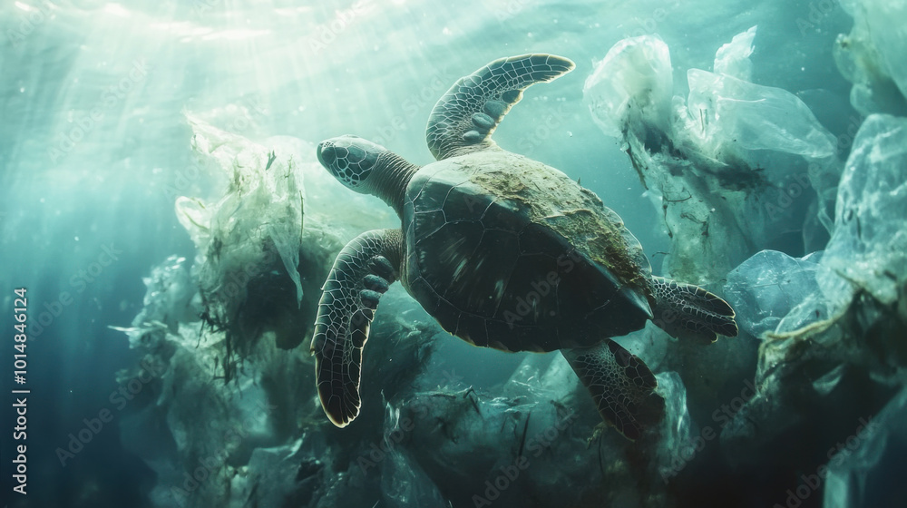Obraz premium A sea turtle gracefully swims through plastic filled ocean, highlighting urgent need for environmental awareness and conservation efforts