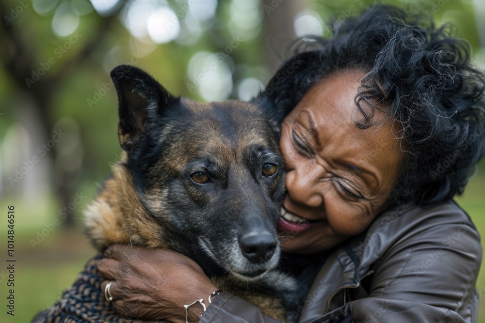 A woman embracing a dog in a green park, perfect for family or animal-related themes A woman embracing a dog in a green park, perfect for family or animal-related themes