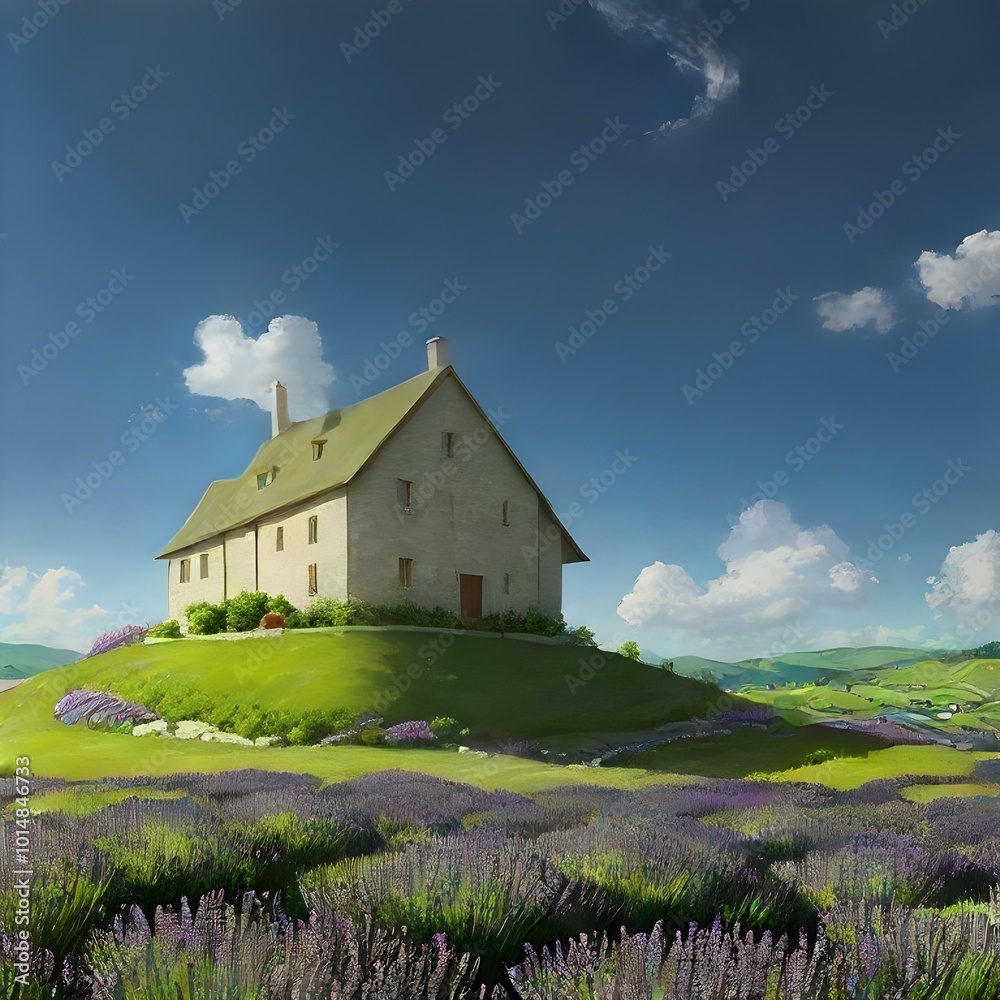 Obraz premium Idyllic Countryside House on a Lavender Field
