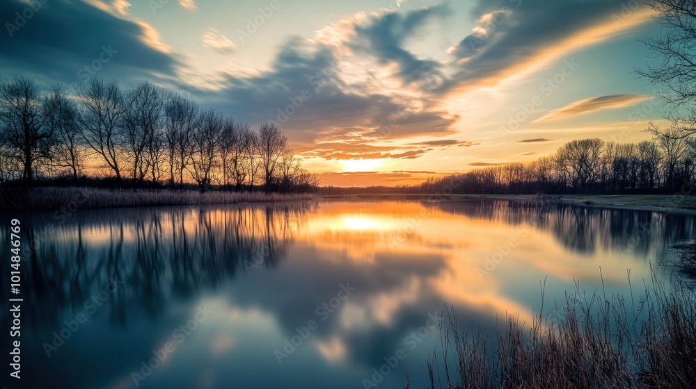 Obraz premium Sunset Reflection on a Tranquil Lake