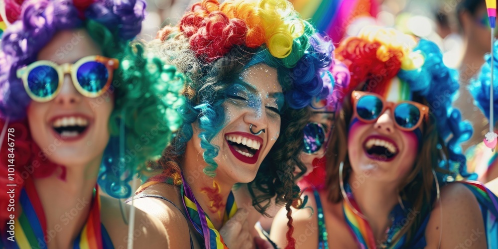 A group of friends having fun together, all wearing unique and brightly colored wigs and sunglasses A group of friends having fun together, all wearing unique and brightly colored wigs and sunglasses