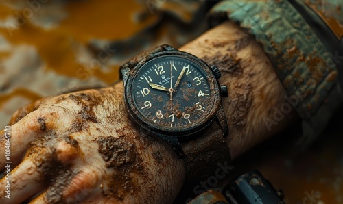 Mud-covered hand with a watch on it. photo