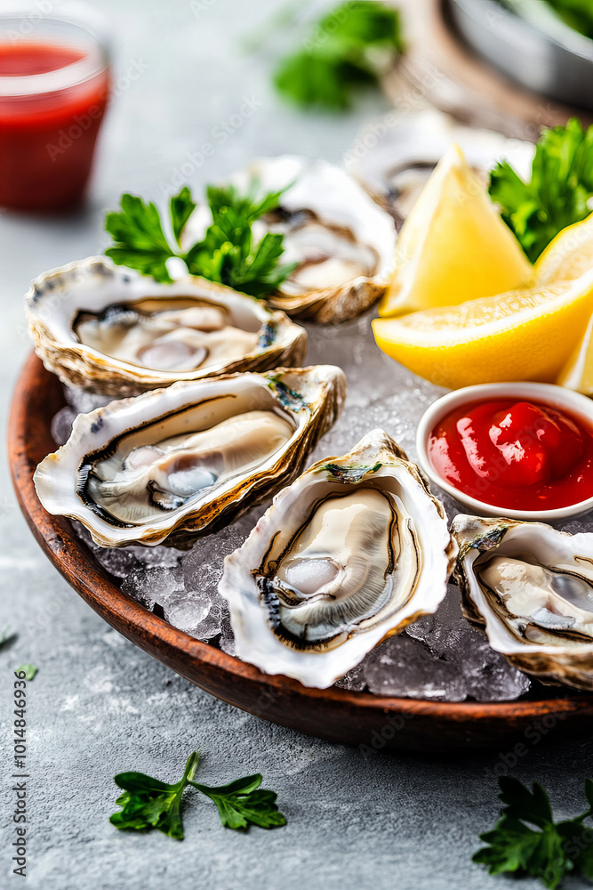 Freshly shucked oysters on ice served with lemon wedges, cocktail sauce, and garnishes, perfect for gourmet seafood platters, fine dining, and premium culinary presentations Freshly shucked oysters on ice served with lemon wedges, cocktail sauce, and garnishes, perfect for gourmet seafood platters, fine dining, and premium culinary presentations