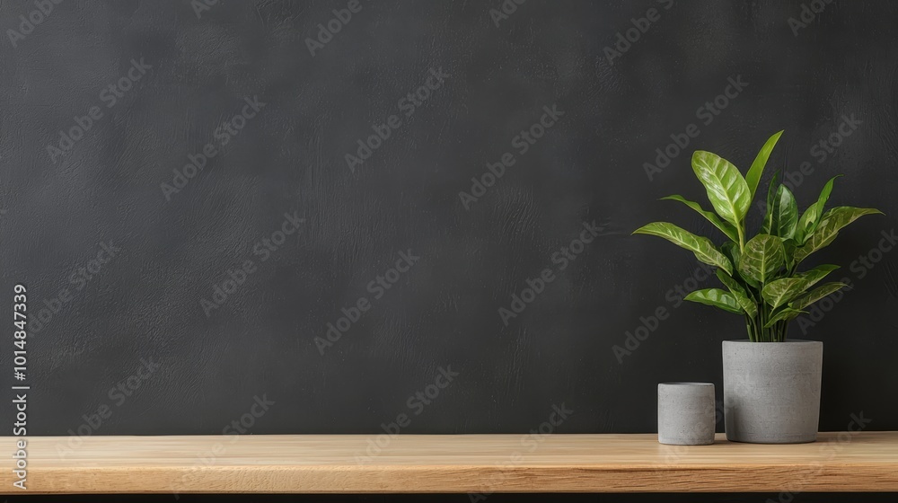 modern interior scene featuring wooden table with potted plant and small decorative container against dark chalkboard wall. This setup creates calming and stylish atmosphere. modern interior scene featuring wooden table with potted plant and small decorative container against dark chalkboard wall. This setup creates calming and stylish atmosphere.