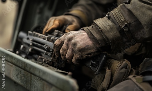 Closeup of gloved hand on a weapon.