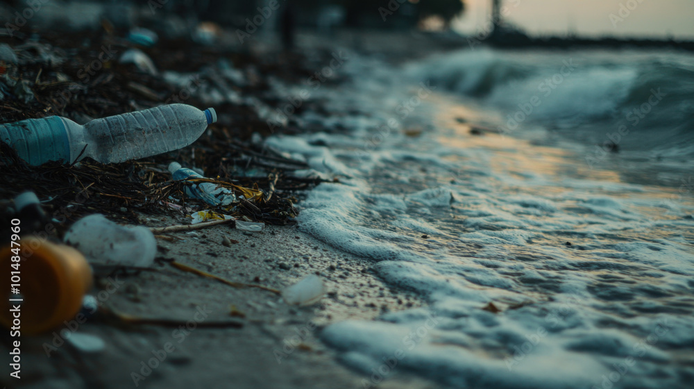image captures plastic debris washed ashore, highlighting environmental impact of pollution. scene evokes sense of urgency to address waste management and protect our oceans image captures plastic debris washed ashore, highlighting environmental impact of pollution. scene evokes sense of urgency to address waste management and protect our oceans