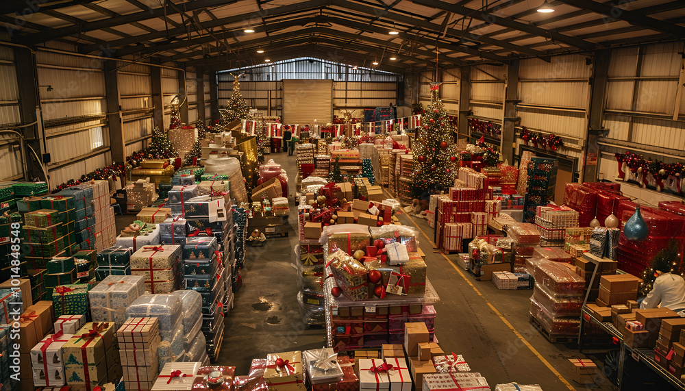 A bustling warehouse filled with christmas gifts, decorated with festive lights and ornaments, ready for seasonal distribution A bustling warehouse filled with christmas gifts, decorated with festive lights and ornaments, ready for seasonal distribution