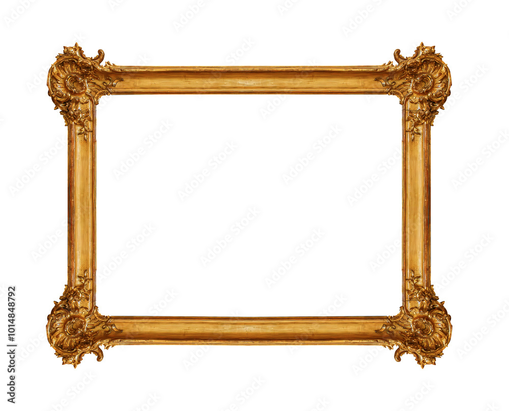 Antique golden picture frame isolated on white background.
