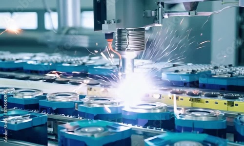 Close-up View of Mass Production Assembly Line for Electric Vehicle Battery Cells