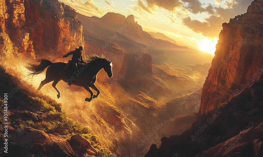 Silhouetted cowboy on horse leaps over canyon.