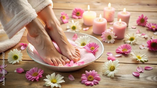 Pedicured Feet Surrounded by Pink Daisies for a Relaxing Easter Spa Experience