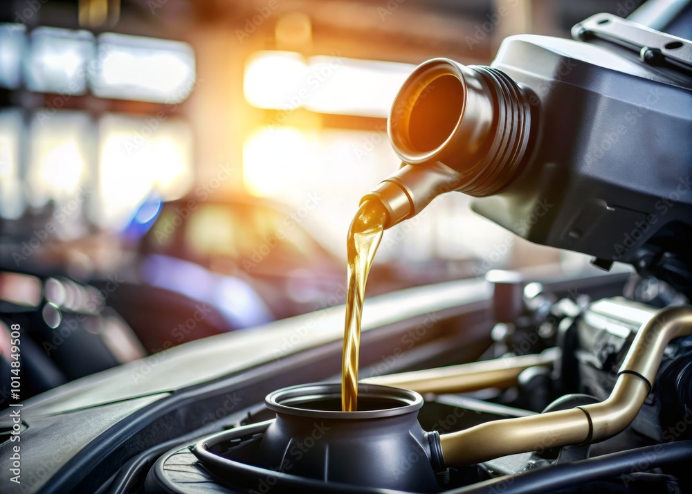Pouring Motor Oil for Engine Maintenance in Auto Shop – Bokeh Effect Pouring Motor Oil for Engine Maintenance in Auto Shop – Bokeh Effect