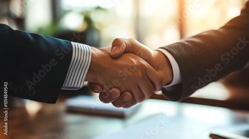 Two people shake hands over a signed document.