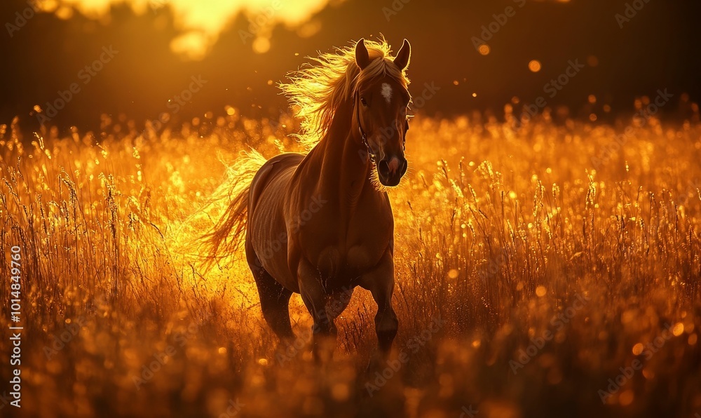 Horse running through tall grass at sunset. Horse running through tall grass at sunset.