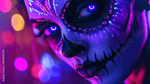 Creative image of Sugar Skull. Neon makeup for Halloween or Dia De Mertos holiday. photo