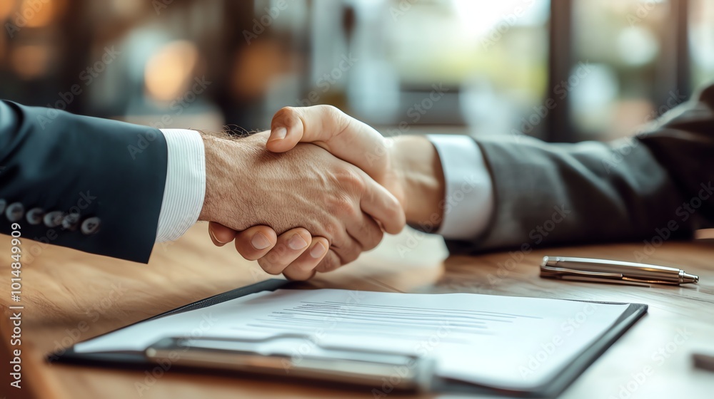 Two people shake hands over a signed document. Two people shake hands over a signed document.