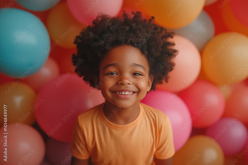 Young girl with curly hair is smiling at the camera. There are many balloons in the background, some of which are pink and some are yellow. Young Child Smiling Amidst Colorful Balloons Young girl with curly hair is smiling at the camera. There are many balloons in the background, some of which are pink and some are yellow. Young Child Smiling Amidst Colorful Balloons