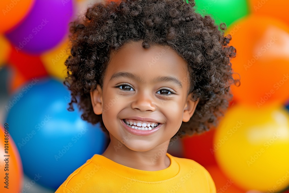 Young girl with curly hair is smiling at the camera. There are many balloons in the background, some of which are pink and some are yellow. Young Child Smiling Amidst Colorful Balloons Young girl with curly hair is smiling at the camera. There are many balloons in the background, some of which are pink and some are yellow. Young Child Smiling Amidst Colorful Balloons
