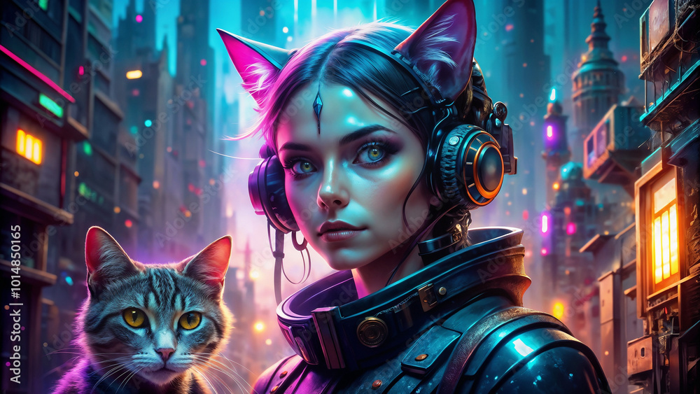 Fototapeta premium Futuristic cat woman with headphones in neon cyberpunk cityscape