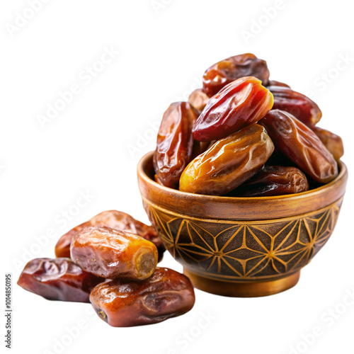 Packaging dates fruits in wooden bowl isolated on transparent background photo