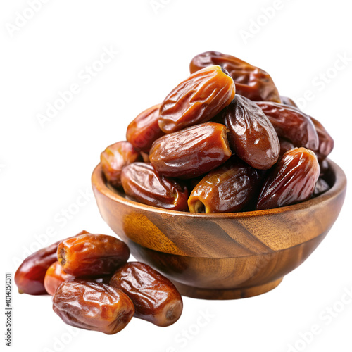 Packaging dates fruits in wooden bowl isolated on transparent background