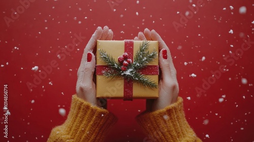 Female's hands in pullover holding Christmas gift box decorated with evergreen branch on red background with snow. Christmas and New Year banner.