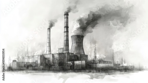 Ink Sketch of a Large Landscape Factory on a White Background photo