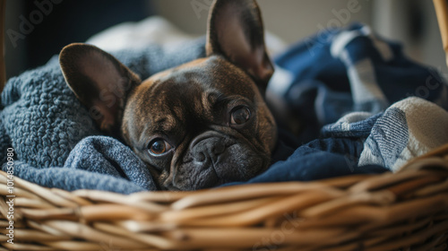 Curled up in cozy laundry basket, this French bulldog exudes warmth and comfort, surrounded by soft fabrics and serene atmosphere photo